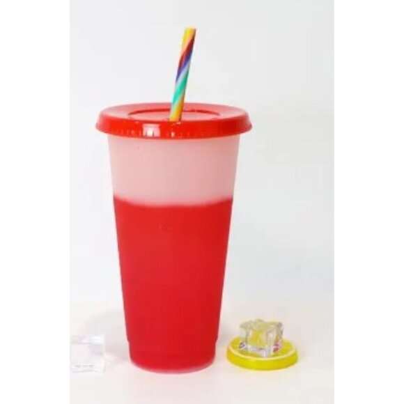 Color Changing Reusable Plastic Cups with Lids & Straws – 5-Pack 24oz (710ml) - Picture 2 of 6